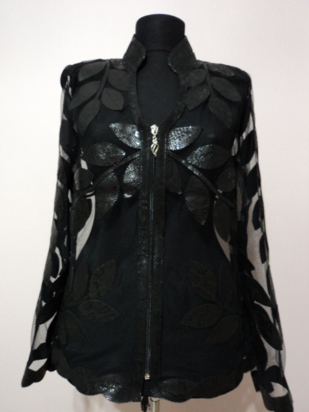 Black Snake Patter Leather Leaf Jacket for Women V Neck Design 10 Genuine Short Zip Up Light Lightweight [ Click to See Photos ]