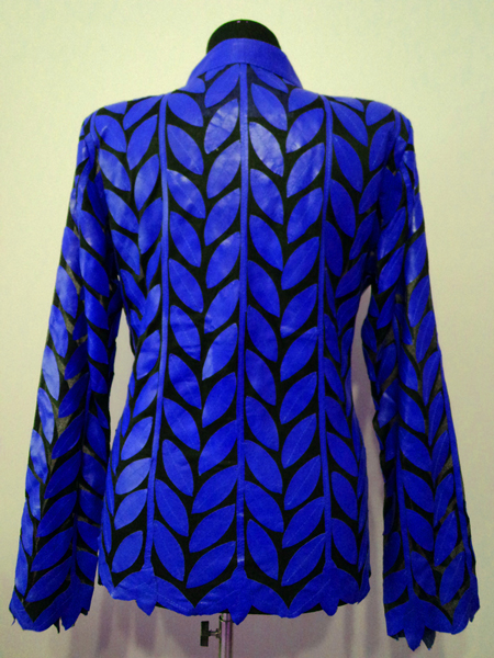 Blue Leather Leaf Jacket for Women Design 04 Genuine Short Handmade Lightweight Meshed [ Click to See Photos ]