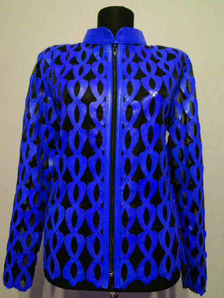 Blue Leather Leaf Jacket for Women Design 05 Genuine Short Zip Up Light Lightweight [ Click to See Photos ]