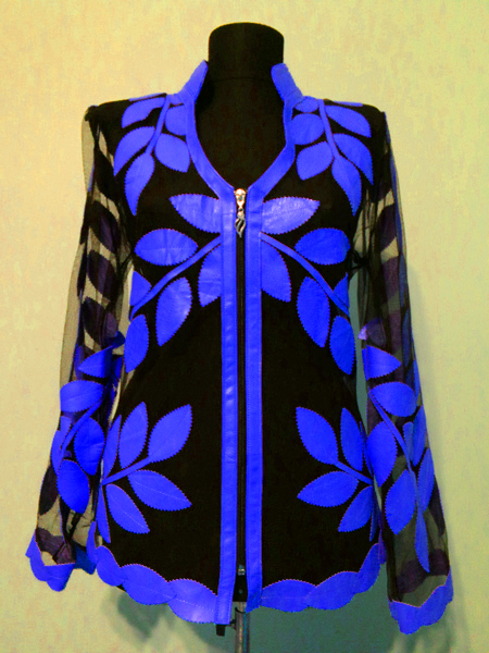 Blue Leather Leaf Jacket for Women V Neck Design 10 Genuine Short Zip Up Light Lightweight [ Click to See Photos ]