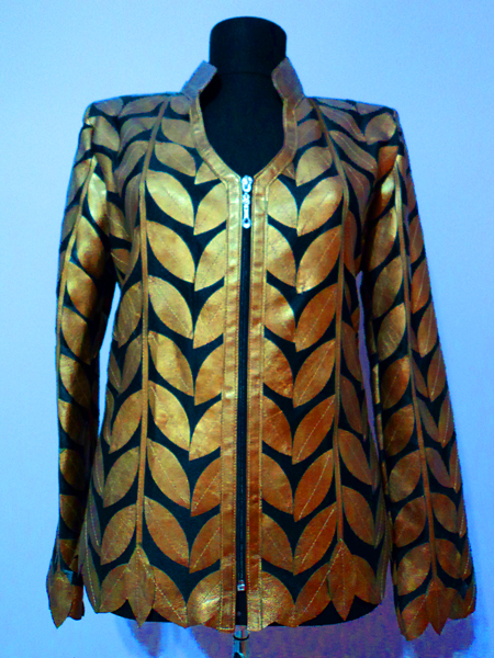 Gold Leather Leaf Jacket for Women V Neck Design 08 Genuine Short Zip Up Light Lightweight [ Click to See Photos ]