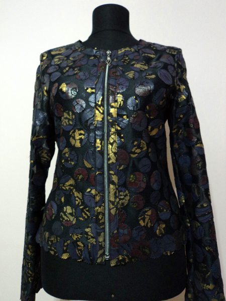 Gold Spotted Navy Blue Leather Leaf Jacket for Women Design 07 Genuine Short Zip Up Light Lightweight [ Click to See Photos ]