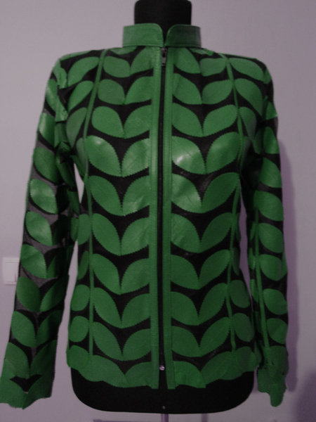 Green Leather Leaf Jacket Women Design Genuine Short Zip Up Light Lightweight