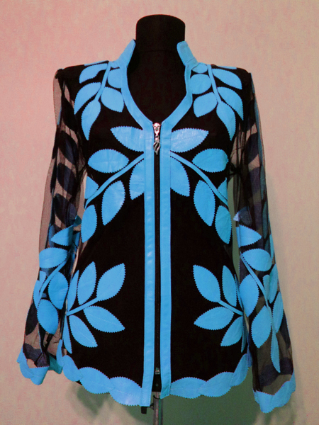 Light Blue Leather Leaf Jacket for Women V Neck Design 10 Genuine Short Zip Up Light Lightweight [ Click to See Photos ]