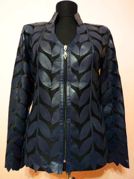 Navy Blue Leather Leaf Jacket Women Design Genuine Short Zip Up Light Lightweight