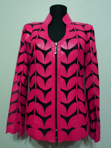 Pink Leather Leaf Jacket for Women V Neck Design 09 Genuine Short Zip Up Light Lightweight [ Click to See Photos ]
