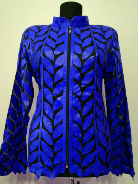 Plus Size Blue Leather Leaf Jacket for Women Design 04 Genuine Short Zip Up Light Lightweight [ Click to See Photos ]