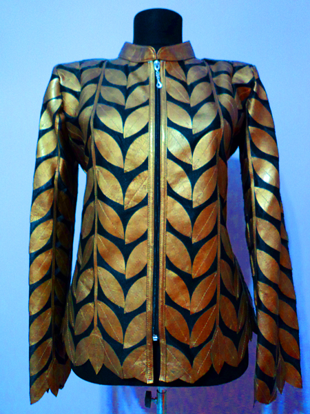 Plus Size Gold Leather Leaf Jacket Women Design Genuine Short Zip Up Light Lightweight