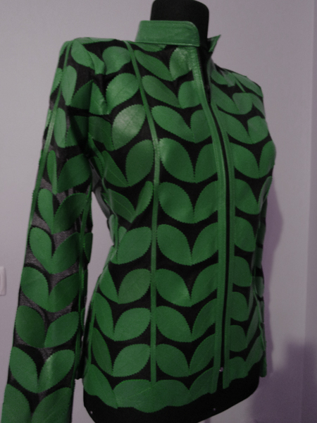 Plus Size Green Leather Leaf Jacket Women Design Genuine Short Zip Up Light Lightweight