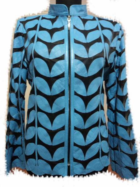 Plus Size Ice Baby Blue Leather Leaf Jacket Women Design Genuine Short Zip Up Light Lightweight