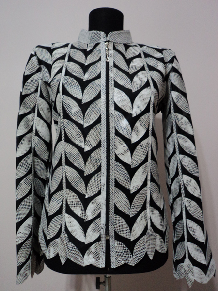 Plus Size White Snake Pattern Leather Leaf Jacket for Women Design 04 Genuine Short Zip Up Light Lightweight