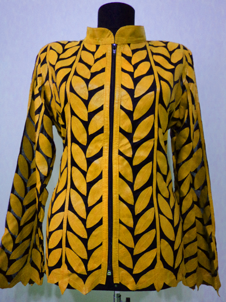 Plus Size Yellow Leather Leaf Jacket for Women Design 04 Genuine Short Zip Up Light Lightweight [ Click to See Photos ]