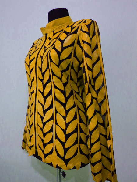 Plus Size Yellow Leather Leaf Jacket Women Design Genuine Short Zip Up Light Lightweight