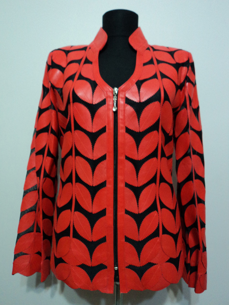Red Leather Leaf Jacket for Women V Neck Design 09 Genuine Short Zip Up Light Lightweight [ Click to See Photos ]
