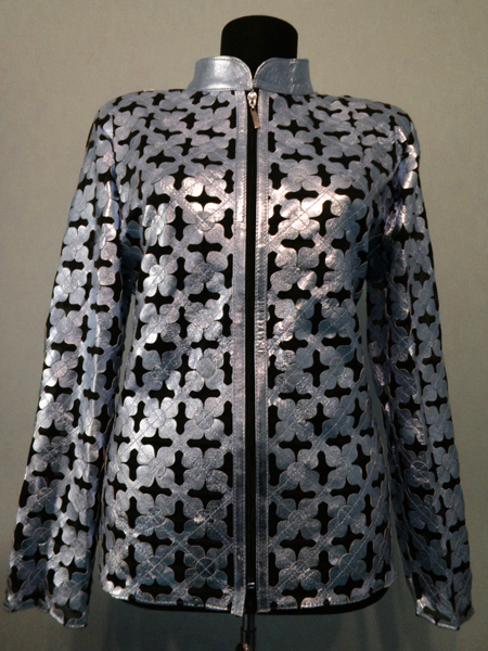 Silver Gray Leather Leaf Jacket for Women Design 06 Genuine Short Zip Up Light Lightweight