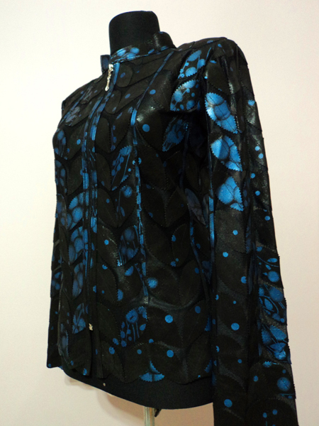 Blue Spotted Black Leather Leaf Jacket for Women