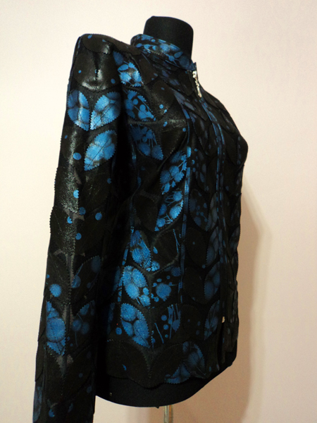 Blue Spotted Black Leather Leaf Jacket for Women