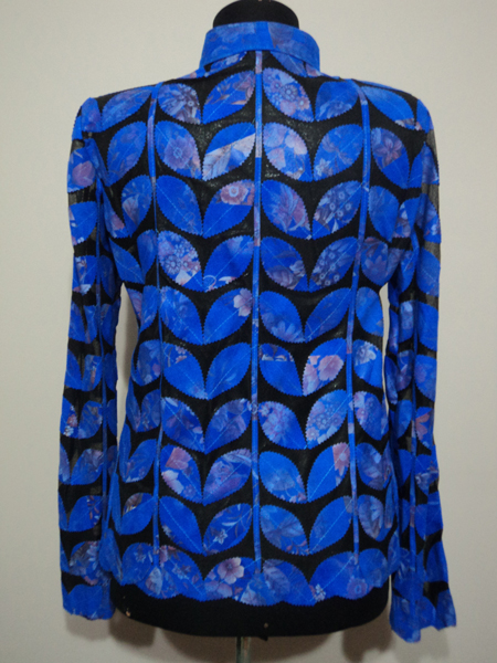 Womens Flower Pattern Blue Leather Leaf Jacket