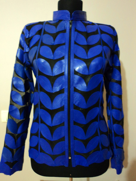 Plus Size Blue Leather Leaf Jacket for Women [ Click to See Photos ]