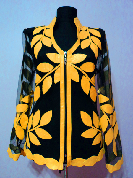 Yellow Leather Leaf Jacket for Women V Neck Design 10 Genuine Short Zip Up Light Lightweight [ Click to See Photos ]